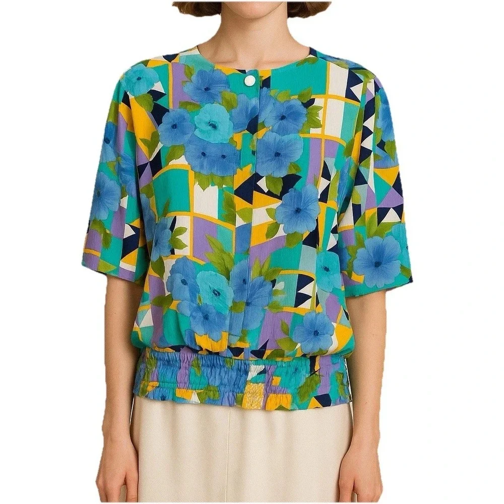 Vintage CAMI Blouse Women's Size 8 Blue Multi Floral Short‎ Sleeve Round Neck
